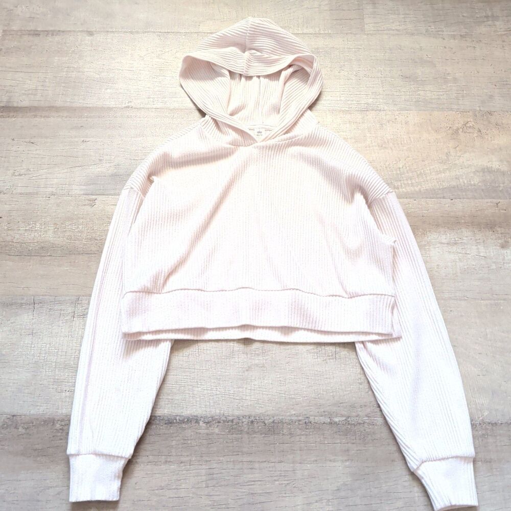 ALO Yoga Muse Hoodie Athletic Beige Ribbed Cropped Pullover XS Loungewear